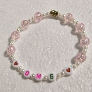 Hand Crafted Pink and White Beaded Bracelet with Heart Accents